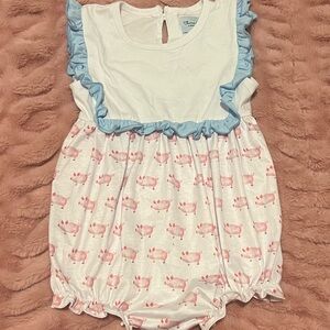 3T Boutique Adorable White and Pink Baby Romper with Blue Ruffles